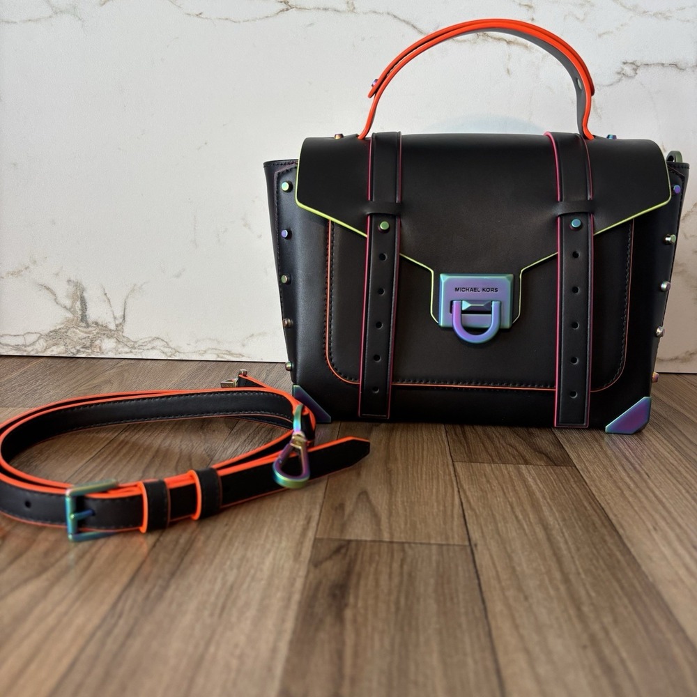 Michael Kors Manhattan Black Medium Leather Unique Satchel Neon Colors Crossbody - Picture 2 of 16